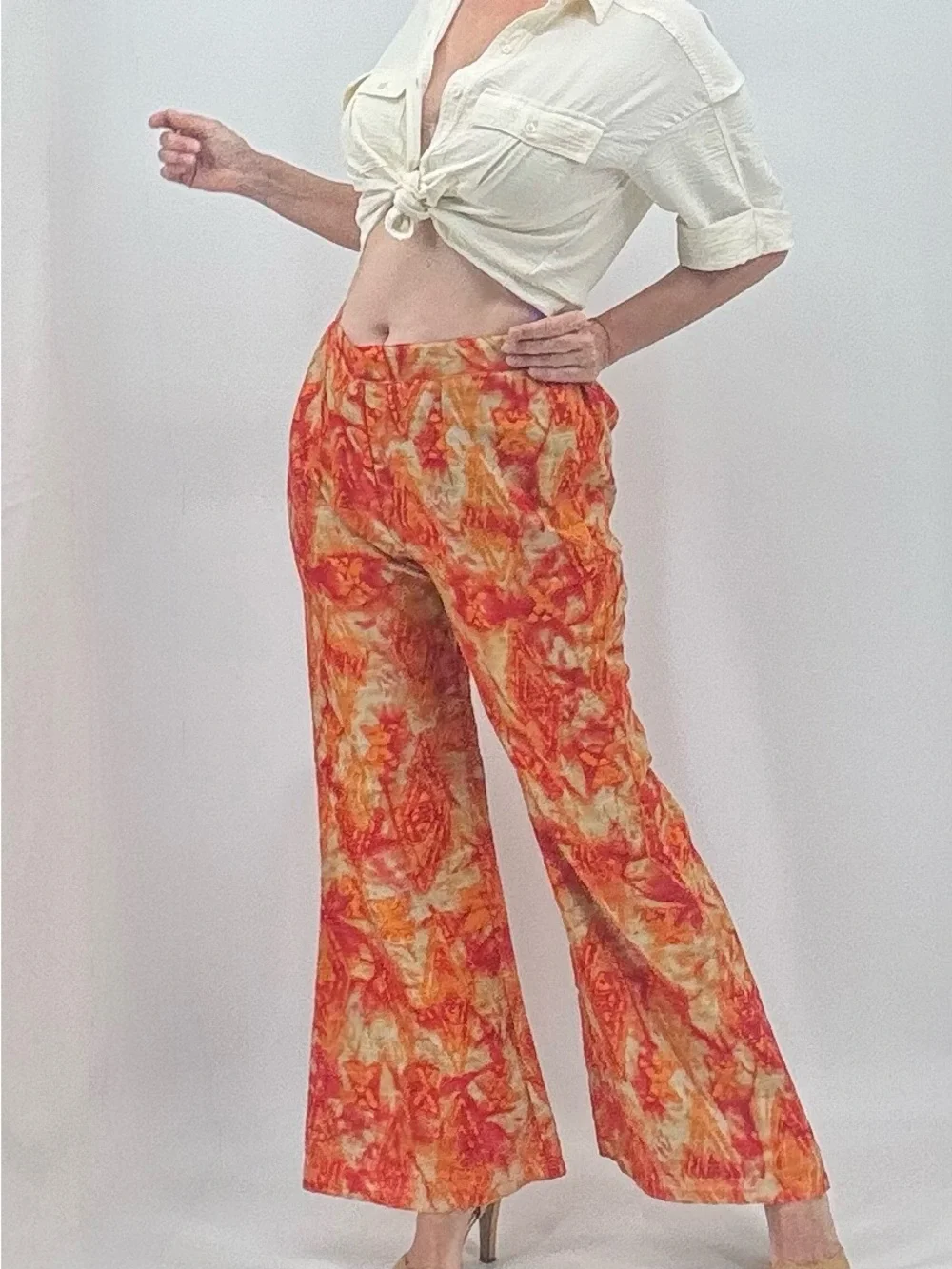 Vintage 70s Abstract Print Disco Groovy Boho High Rise Wide Leg Flare Pants - Picture 5 of 16